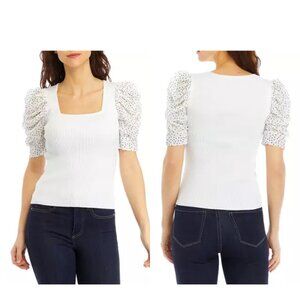 T Tahari Square Neck Elbow Length Puff Sleeve White Top Size Small Petite